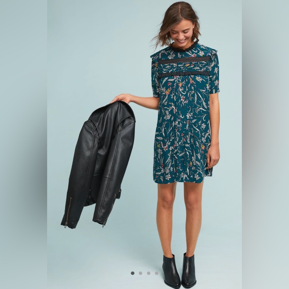 Floral Teal Shift Dress with Lace Yoke